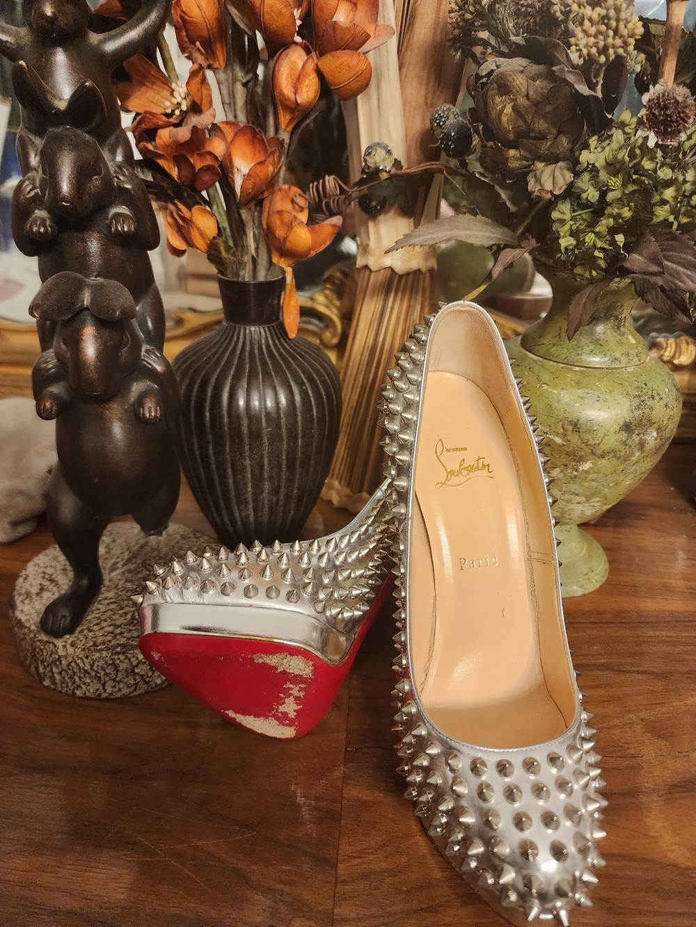 Christian Louboutin Silver Spike-Studded Platform Pumps with Red Soles - Picture 2 of 3